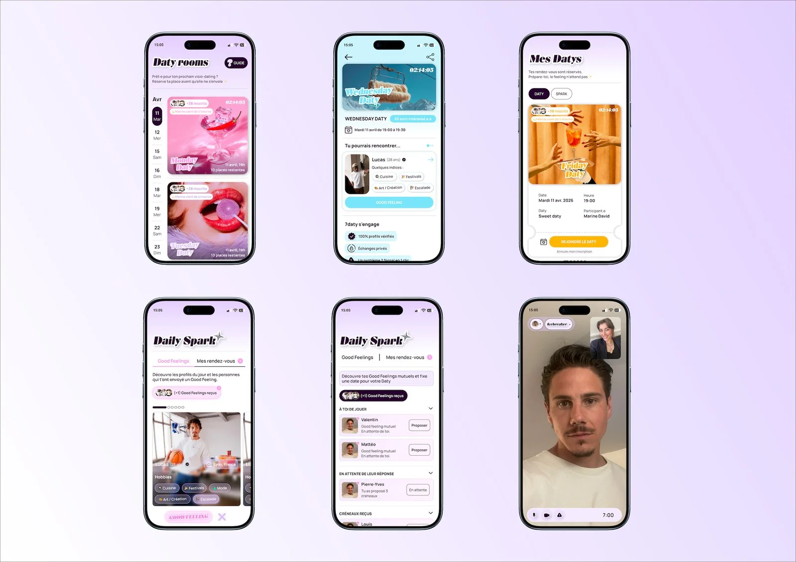 7Daty — ensemble des écrans de l'application
