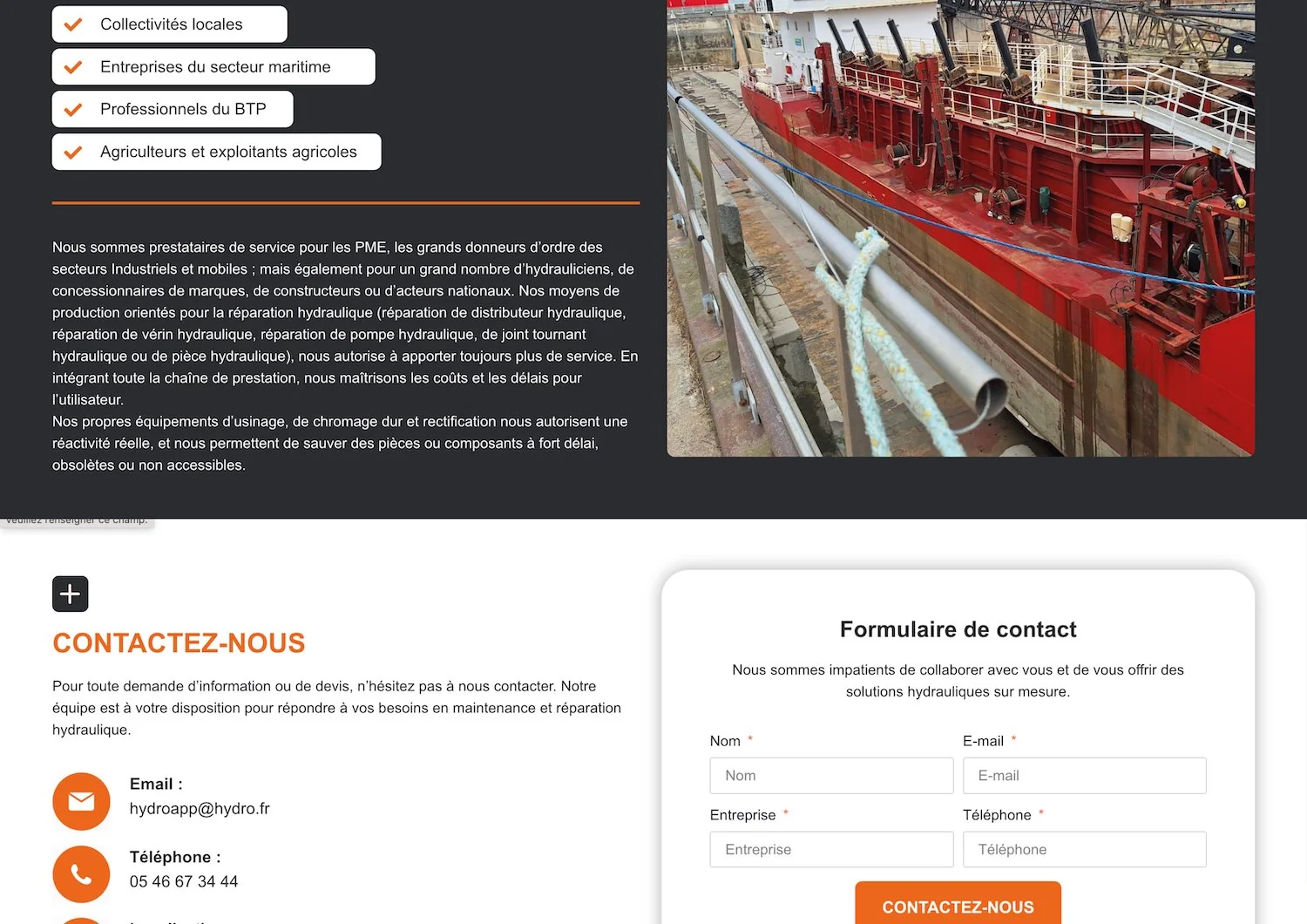 Hydro Application — cibles et formulaire de contact