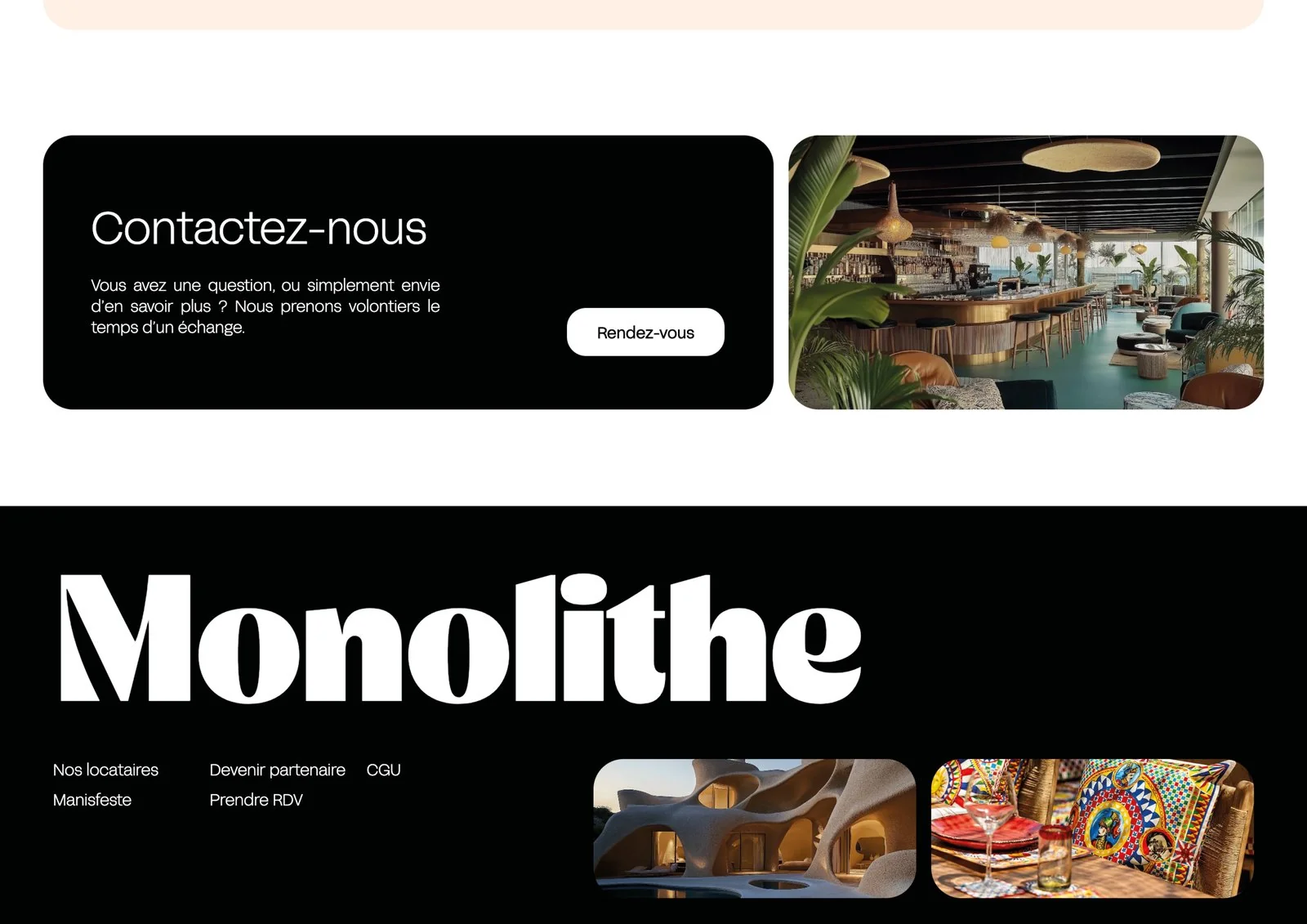 Monolithe — contact et pied de page