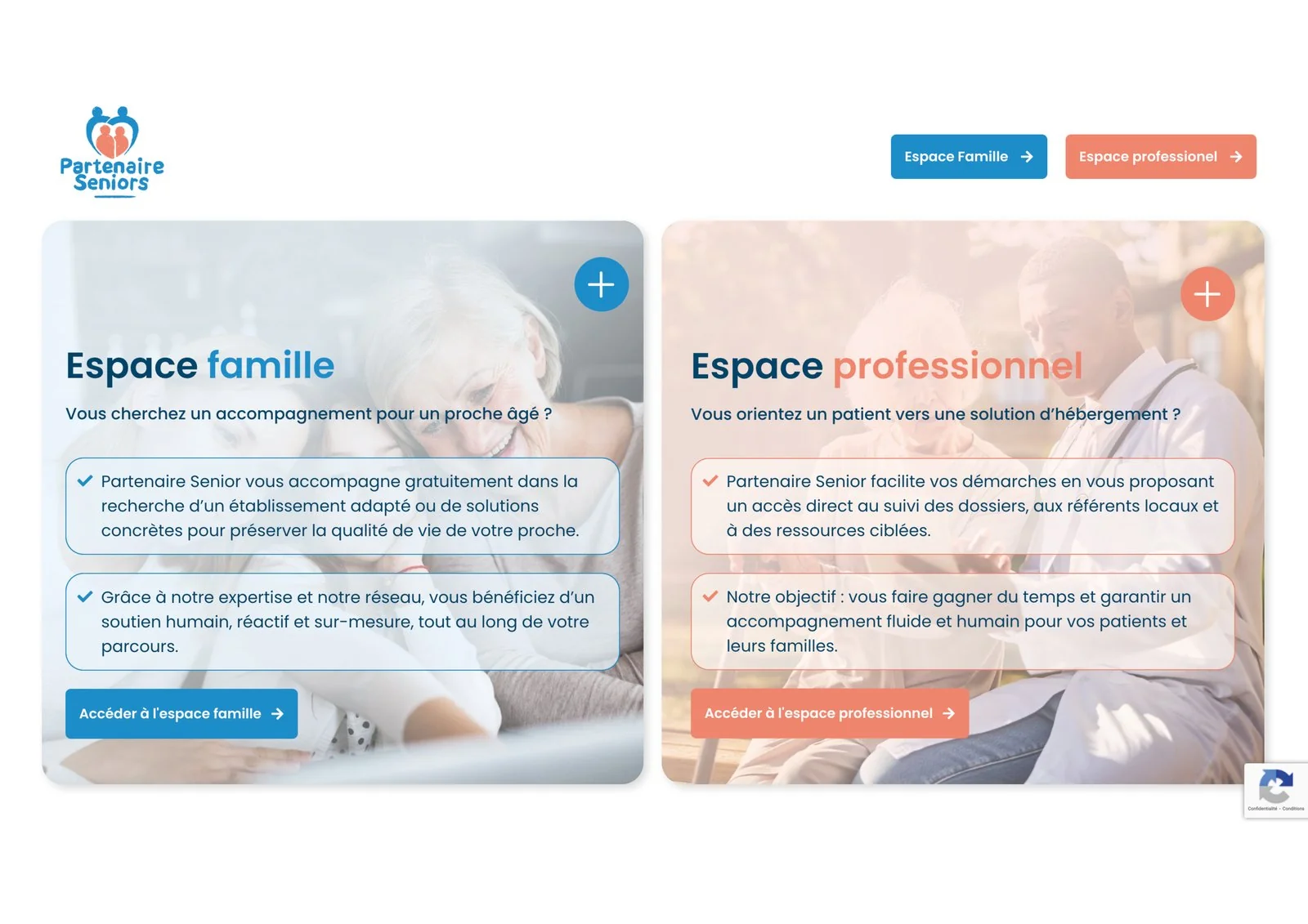 Partenaire Senior — choix entre espace famille et espace professionnel